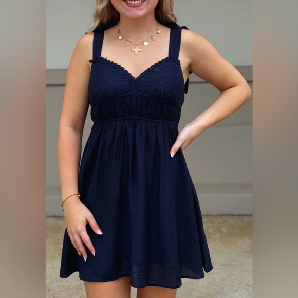 Blu Pepper Dresses & Skirts - Bohemian Navy Blue Mini Dress with Lace and Ties - New Size S